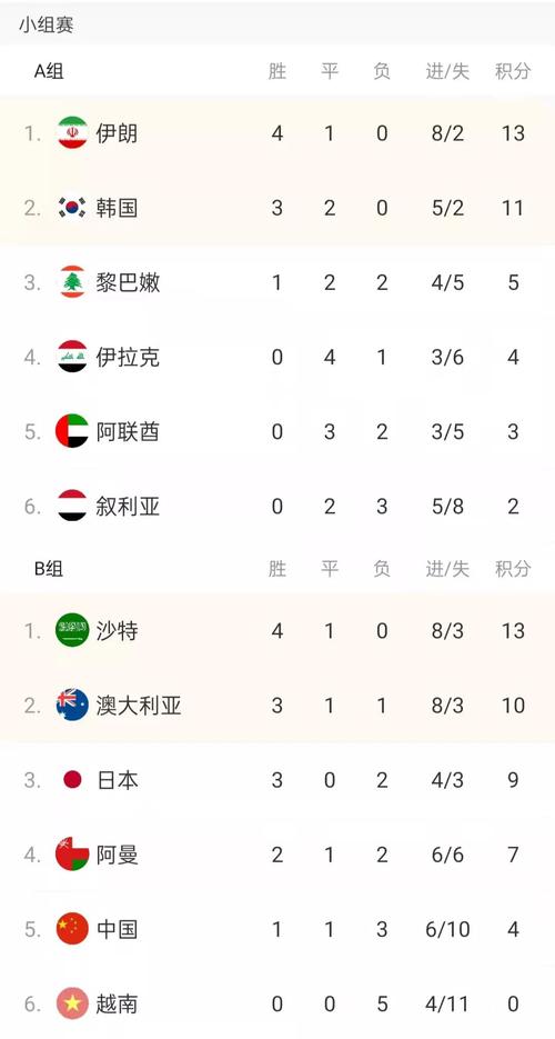 世界杯预选赛亚洲区积分榜成绩